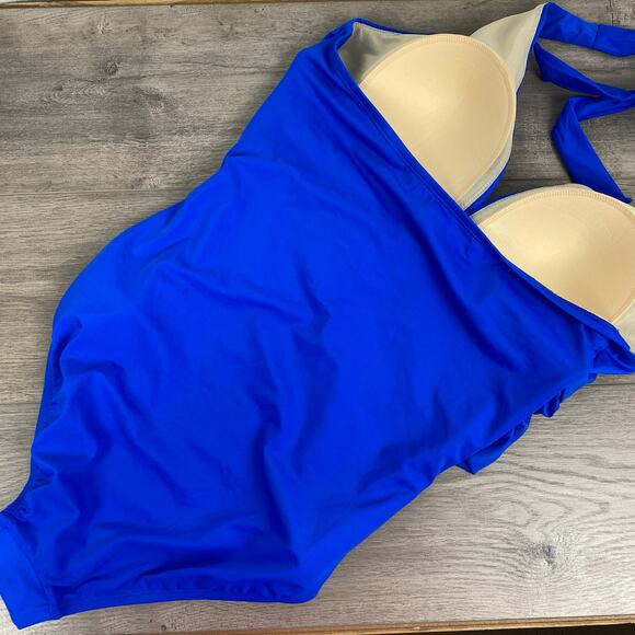 Swimsuits For All Blue Ruched Neck Tie One Piece Swimsuit Sz.14 NWT - Picture 6 of 12